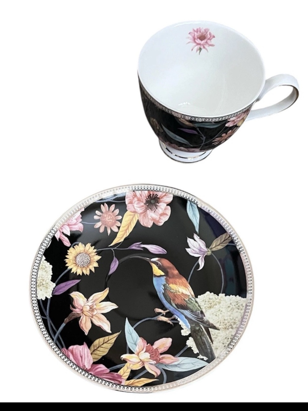 New Grace Teaware Bird Flower Tea Cup & Saucer Floral Porcelain